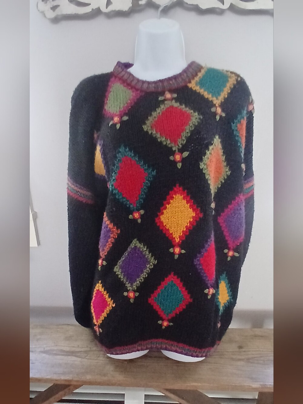 Vintage Bravo! Handknit Colorful Diamond Deign Crewneck Sweater Lg